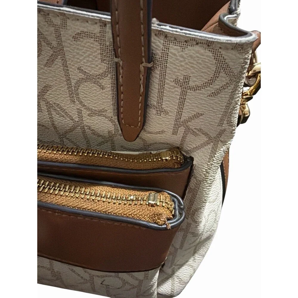 Calvin‎ Klein Signature Monogram Satchel Crossbody Beige Brown Zip Bag